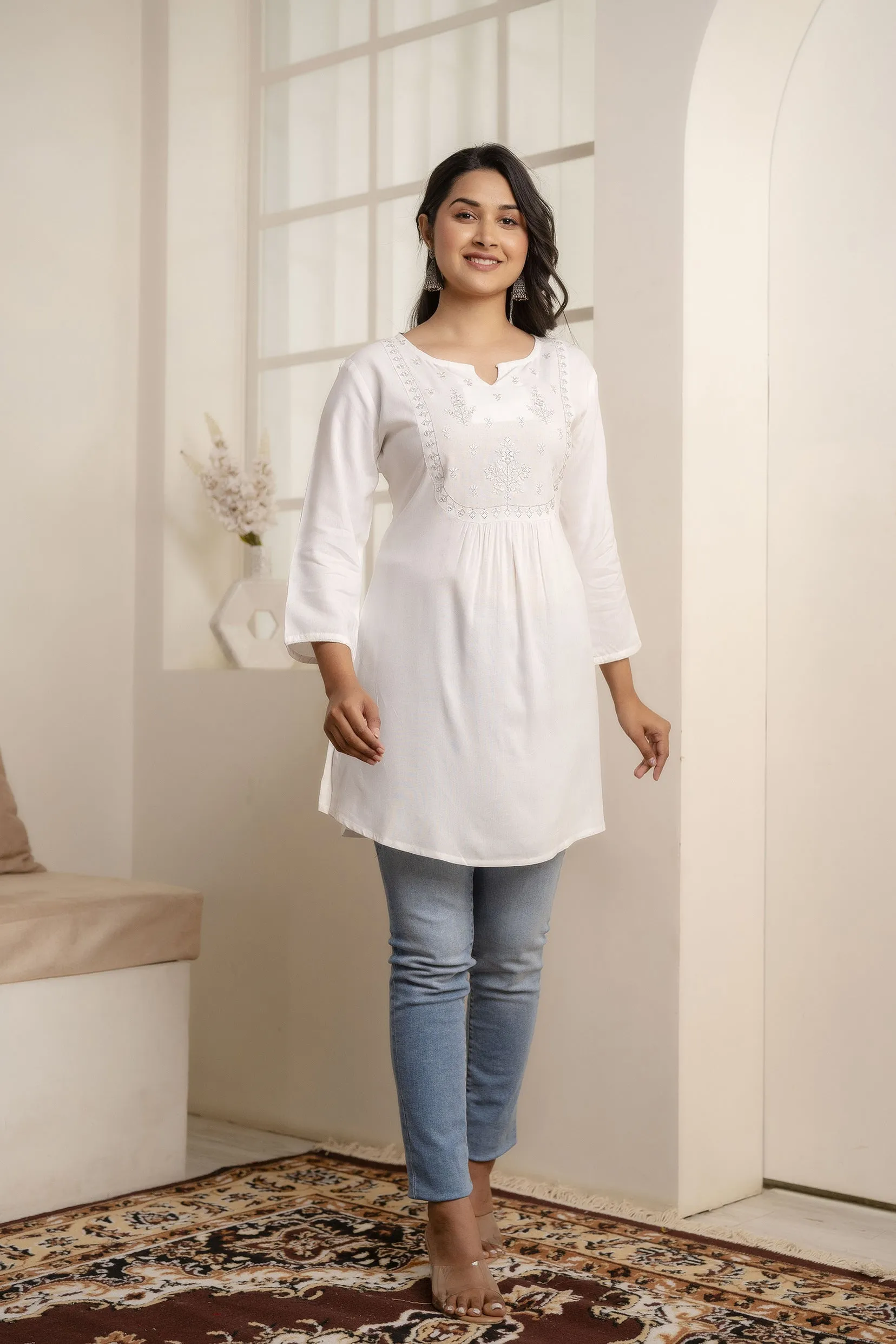 Women White Embroidered Yoke Straight Tunic With Three Quarter Sleeves